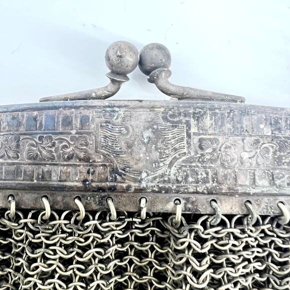 Antique Genuine German Silver Mesh Purse 5" x 5" with 8.5" Strap Drop - Picture 5 of 12